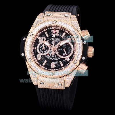 Copy Hublot Big Bang Iced Out Skeleton Chronograph Watch Rose Gold Black Dial